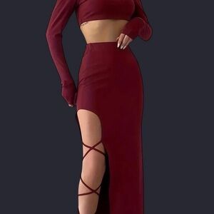 Elegant Burgundy Two-Piece Set with Slit